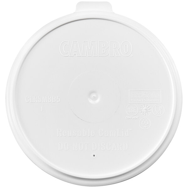 A white plastic Cambro lid with white text and a black circle with the Cambro logo.