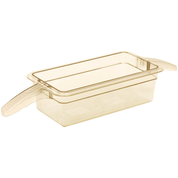 A clear plastic Cambro H-Pan with double handles.