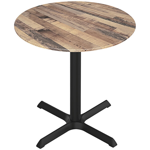 A Holland Bar Stool EuroSlim round table with a wooden surface and black metal legs.