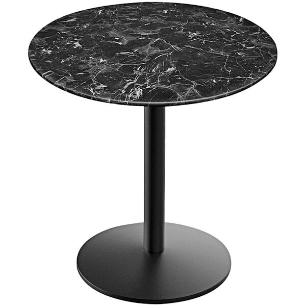 A black marble Holland Bar Stool EuroSlim round table with a black round base.