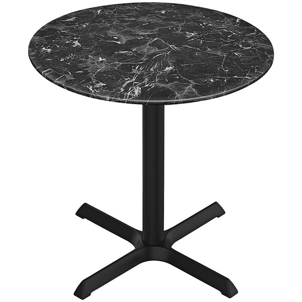 A Holland Bar Stool EuroSlim black marble table with a metal cross base.
