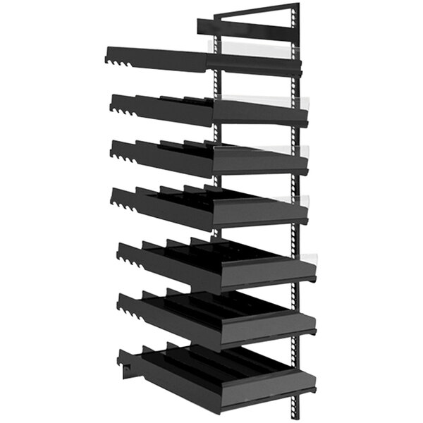 A black metal shelf with clear plastic shelves.