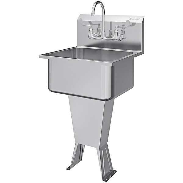 A stainless steel Sani-Lav floor mounted hand sink with a faucet.