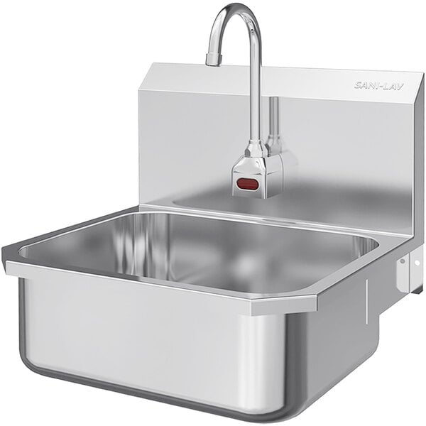 A Sani-Lav stainless steel wall-mounted utility sink with a faucet.