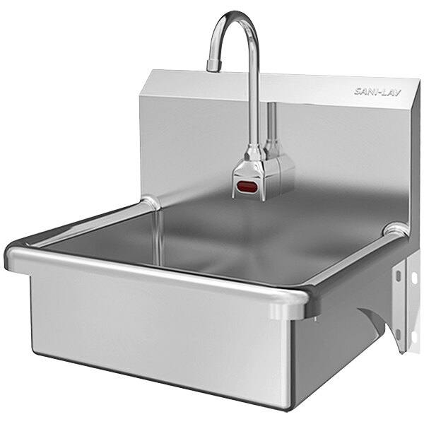 A Sani-Lav stainless steel wall-mounted sink with an AC-powered sensor faucet.