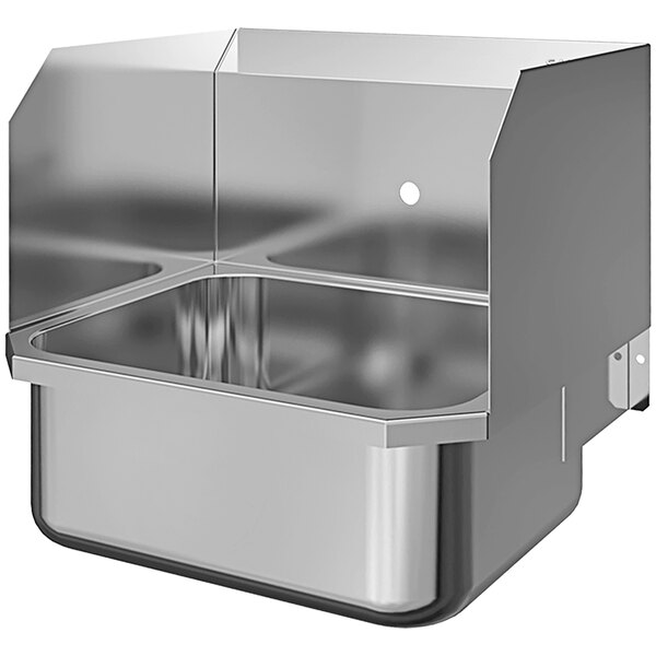 A stainless steel Sani-Lav wall-mounted hand sink with side splashes and a single faucet hole.