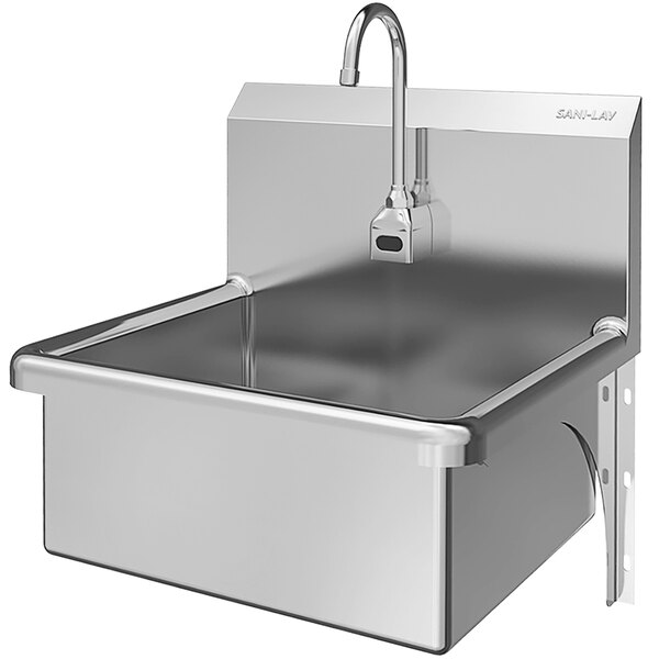 A Sani-Lav stainless steel wall-mounted hands-free sink with a battery-powered sensor faucet.