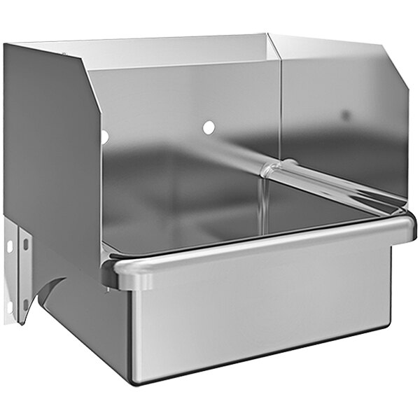 A stainless steel Sani-Lav wall mounted hand sink with side splashes and 8" centers.