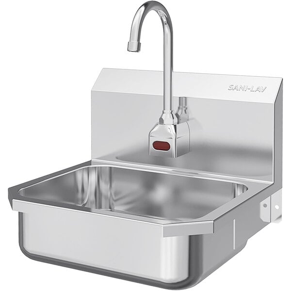 A stainless steel Sani-Lav wall-mounted utility sink with a battery-powered sensor faucet.