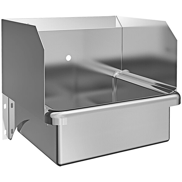 A Sani-Lav stainless steel wall mounted hand sink with side splashes and a single faucet hole.