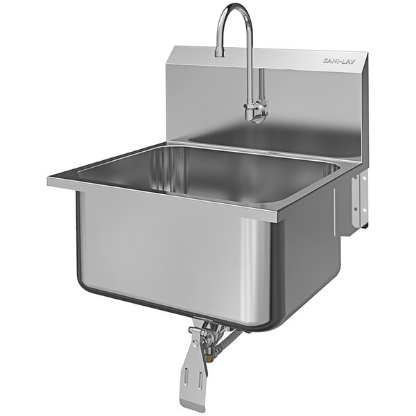 A Sani-Lav stainless steel wall mounted utility sink with a knee-operated faucet.