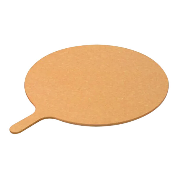 A LloydPans round wood fiber serving board with a handle.