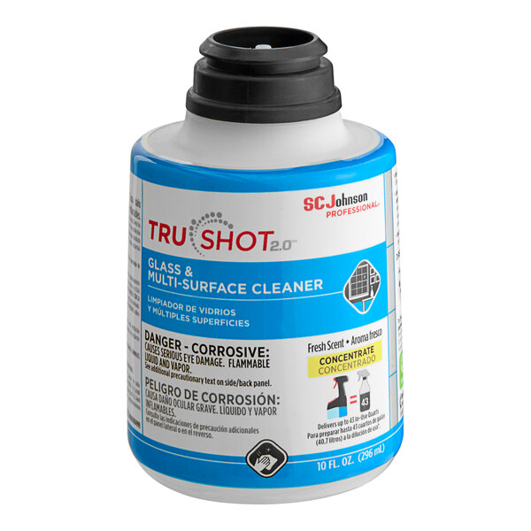 A white SC Johnson Professional TruShot 2.0 glass and multi-surface cleaner cartridge with a blue label.
