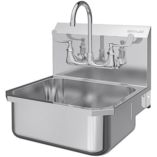 A stainless steel Sani-Lav wall mounted hand sink with a faucet.
