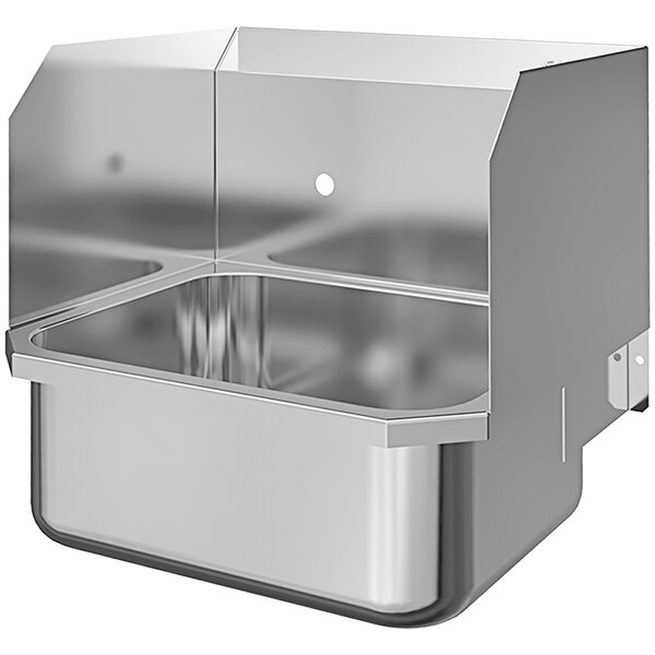 A Sani-Lav stainless steel wall mounted hand sink with side splashes and 8" centers.