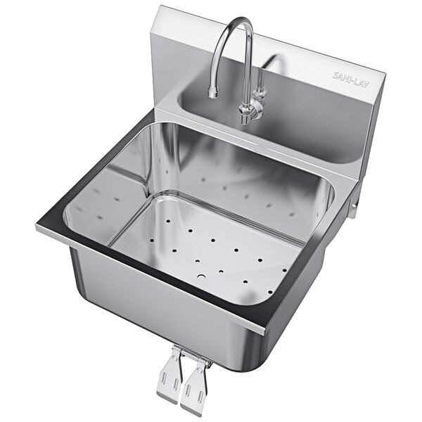 A Sani-Lav stainless steel wall mounted utility sink with double knee-operated faucet and false bottom.