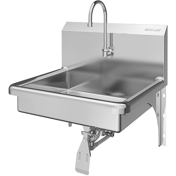 A Sani-Lav stainless steel wall mounted sink with a single knee operated faucet.
