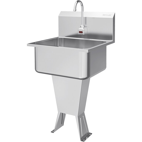 A Sani-Lav stainless steel floor mounted sink with a battery-powered sensor faucet.