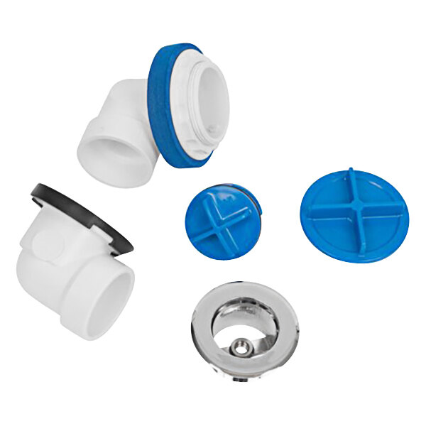 A white and blue plastic Dearborn bath waste rough-in kit with blue and black test plugs.