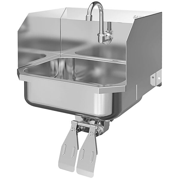 A Sani-Lav stainless steel wall mounted utility sink with two knee-operated faucets.