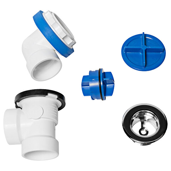 A white PVC pipe with a black cap, a white and blue PVC pipe, and a zinc plumbing fitting.