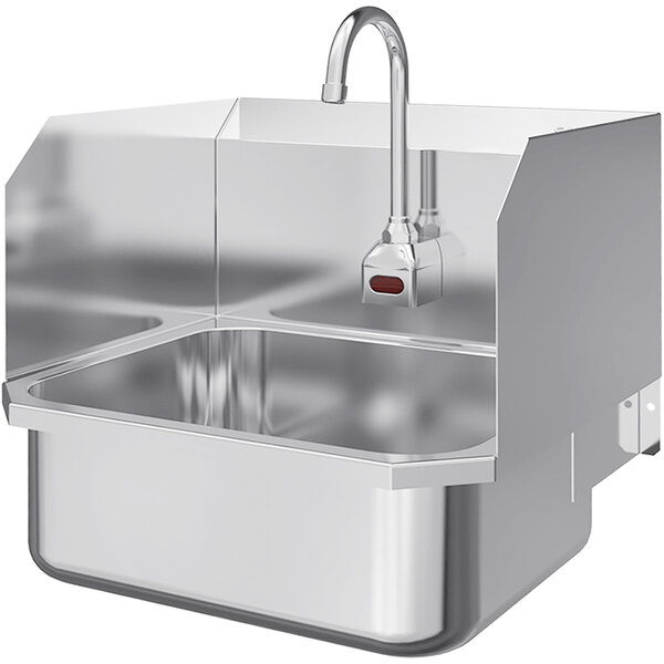 A Sani-Lav stainless steel wall-mounted sink with a battery-powered sensor faucet.