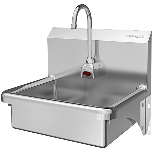 A Sani-Lav stainless steel wall mounted hands-free sink with a battery-powered sensor faucet.