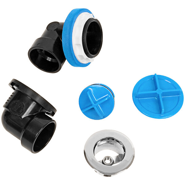 A blue and black plastic Dearborn bath waste rough-in kit with test plugs.