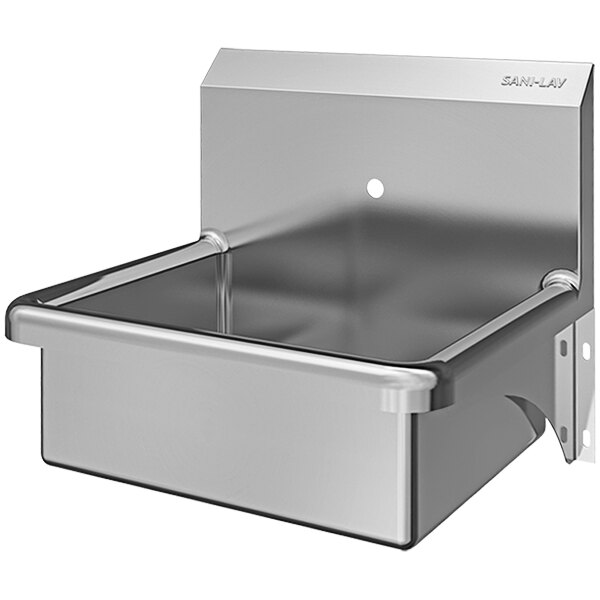 A stainless steel Sani-Lav wall mounted hand sink with a single faucet hole.