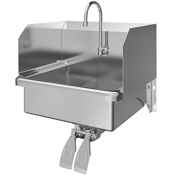 A Sani-Lav stainless steel wall-mounted sink with double knee-operated faucet and side splashes.