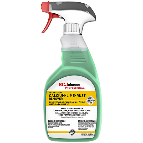 A green spray bottle of SC Johnson Professional Calcium, Lime, and Rust Remover.