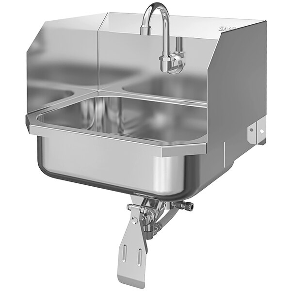 A Sani-Lav stainless steel wall-mounted sink with a knee-operated faucet and side splashes.