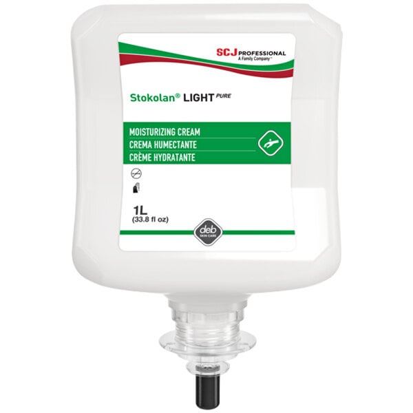 A white container of SC Johnson Professional Stokolan Light PURE RES1L skin conditioning cream with green and red text.