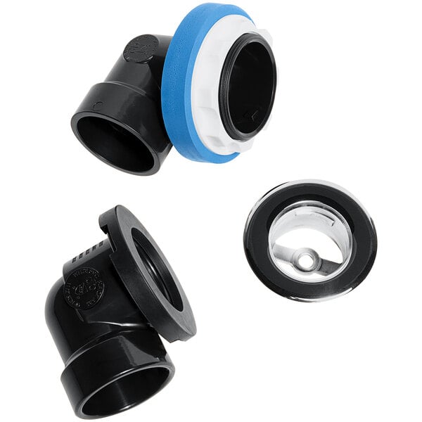A group of black and blue plastic fittings with a blue cap.