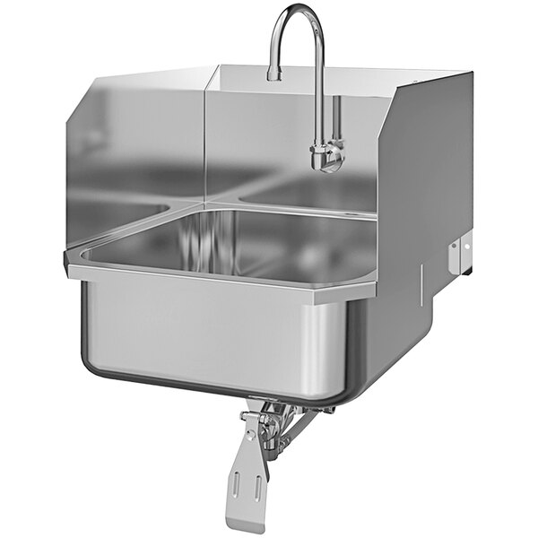 A Sani-Lav stainless steel wall mounted sink with a single knee-operated faucet and side splashes.