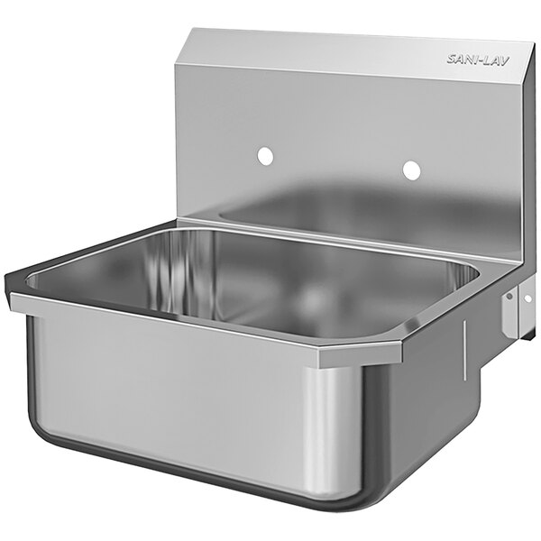 A stainless steel Sani-Lav wall mounted hand sink with a drain.