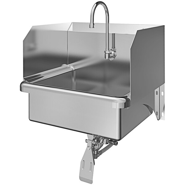 A Sani-Lav stainless steel wall mounted sink with a knee-operated faucet.