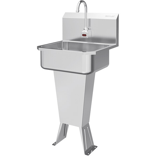 A stainless steel Sani-Lav floor mounted utility sink with a battery-powered faucet.