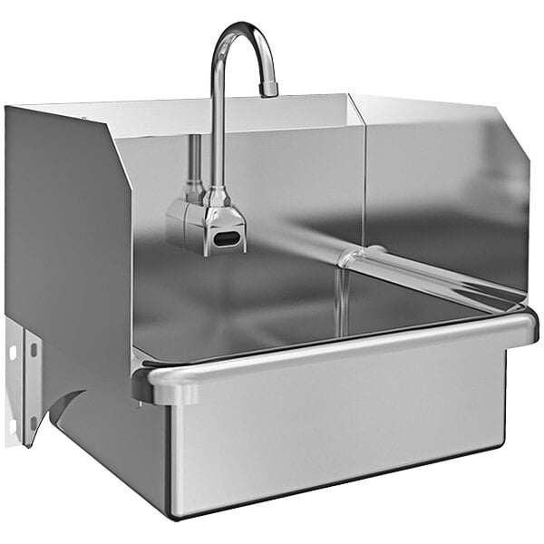 A Sani-Lav stainless steel wall mounted utility sink with a battery-powered sensor faucet.