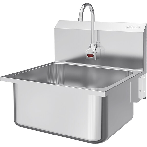 A Sani-Lav stainless steel wall-mounted utility sink with a battery-powered sensor faucet.