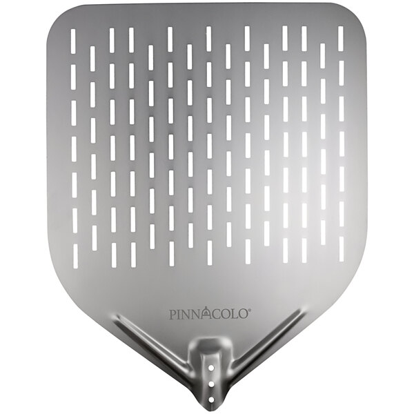A silver metal Pinnacolo pizza peel with holes.