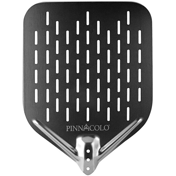 A black anodized aluminum pizza peel with a perforated surface.
