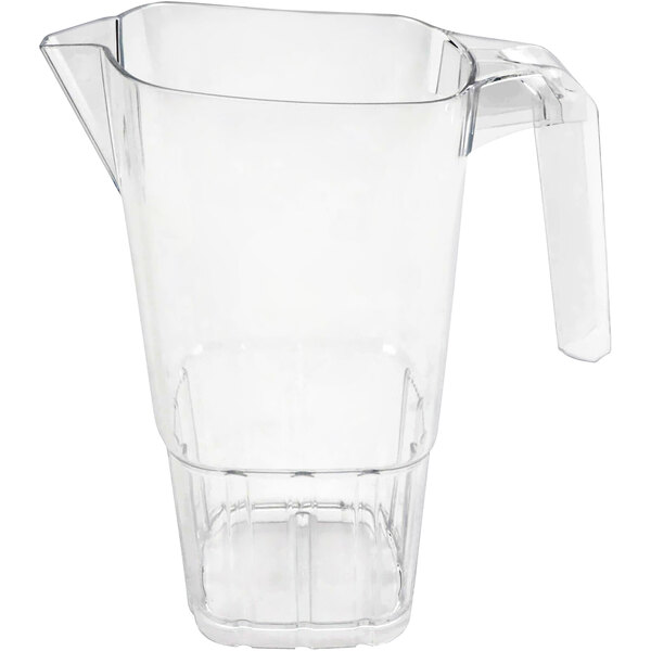 A clear plastic pitcher with a handle.