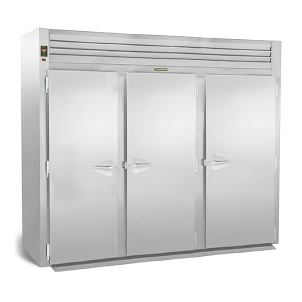 A large stainless steel Traulsen holding cabinet with three doors.