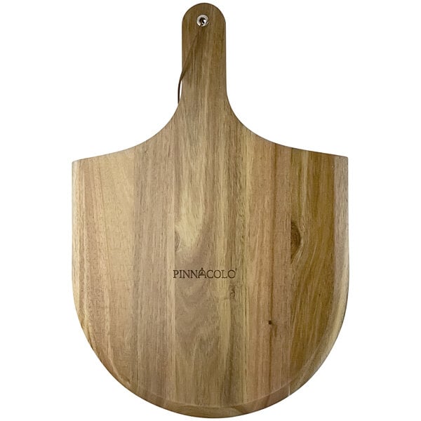 An acacia wood pizza peel with a handle.