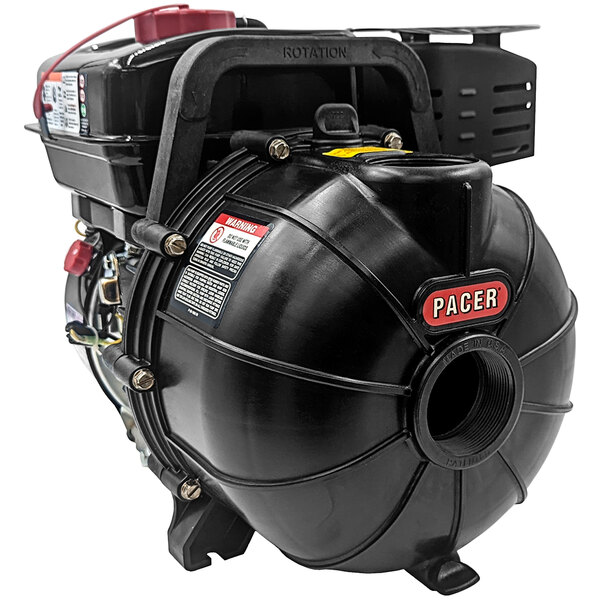 A black plastic Pacer Pumps self-priming pump with a red and black label.