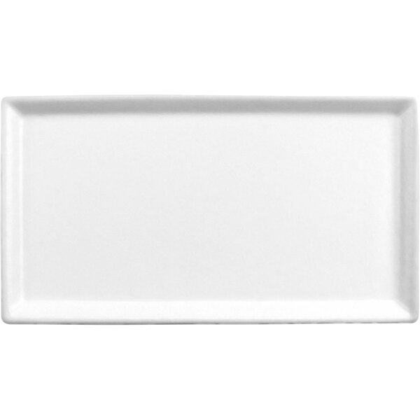 A white rectangular aluminum serving platter with a black border.