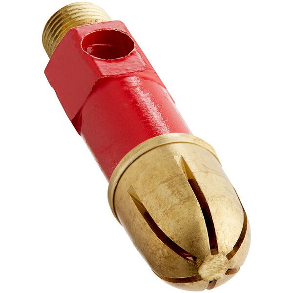 A red and gold metal pipe with a brass nozzle.