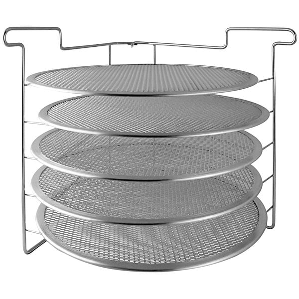 A Pinnacolo folding rack with four round metal trays.