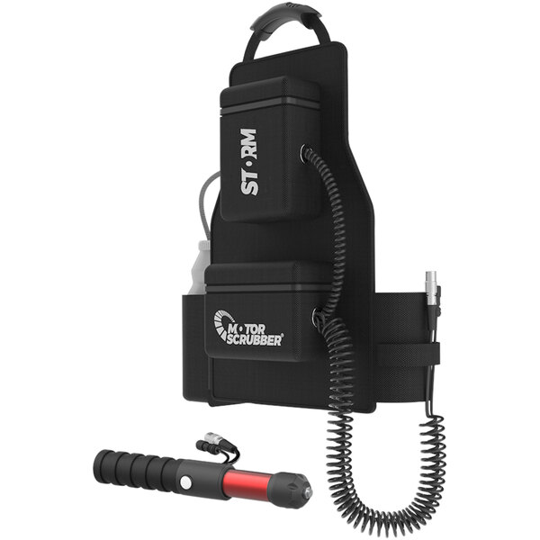 A black MotorScrubber cordless backpack sprayer with white text.